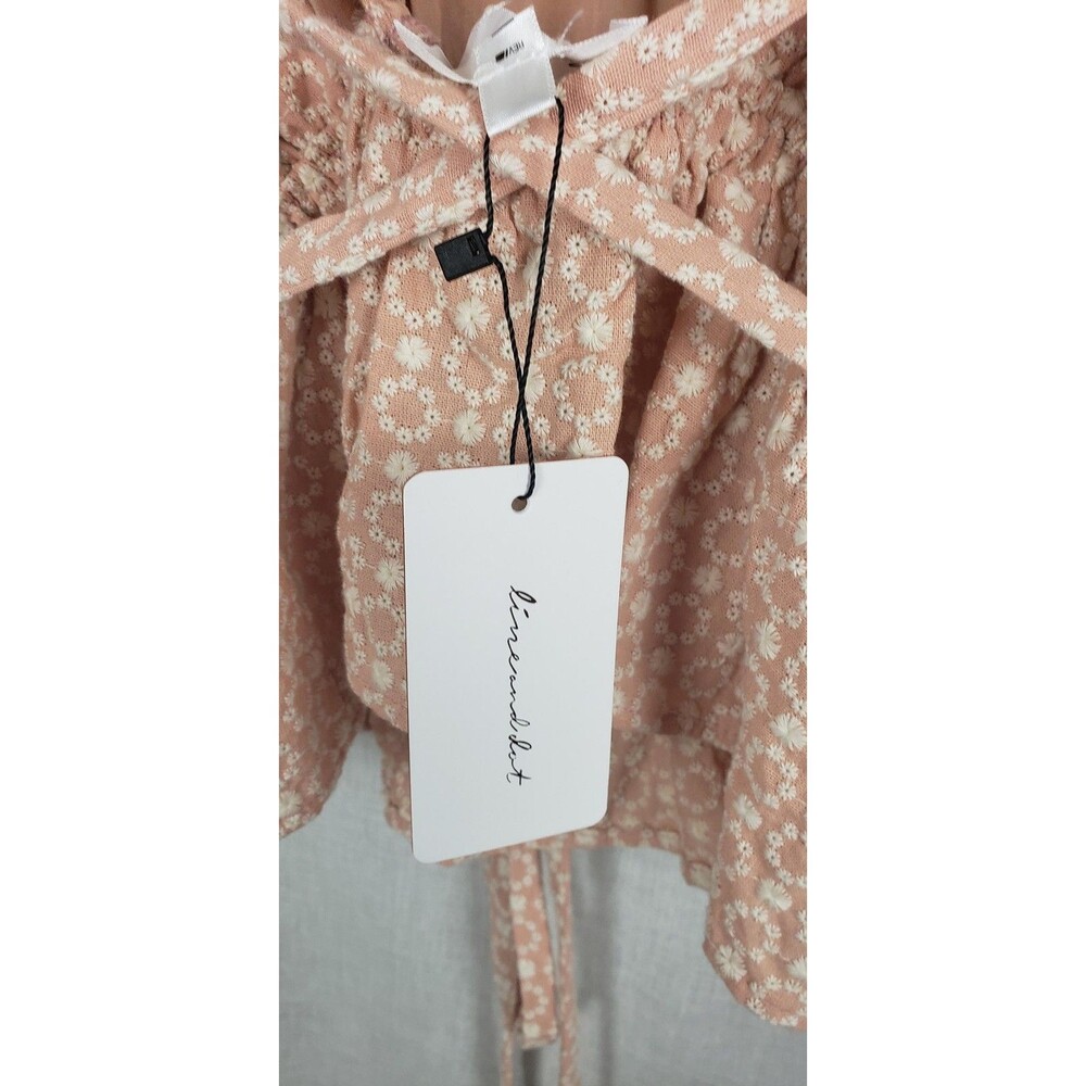 Line and Dot Top Womens XS Pink White Floral Puff Sleeve Peplum Tie‎ Back Blouse - Picture 5 of 9